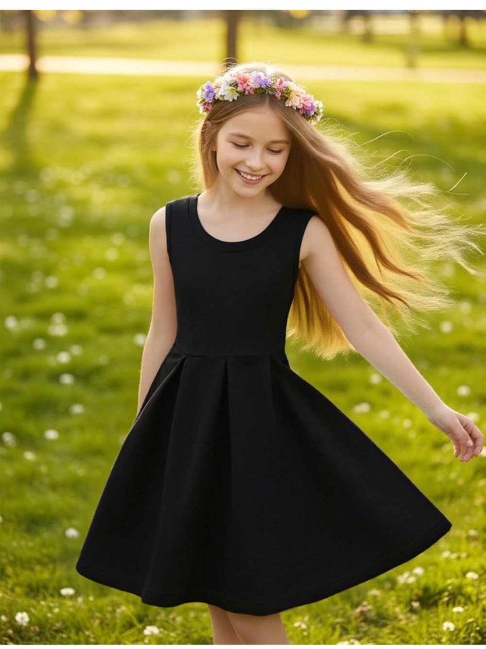 Girls' Black Sleeveless Party Dress - Elegant Twirl Skirt